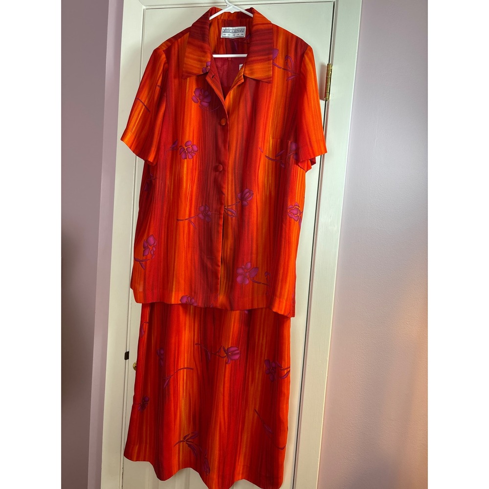 Jessica Howard Woman Vintage 2 Piece Dress Set Orange Red Floral Maxi Jacket 20W